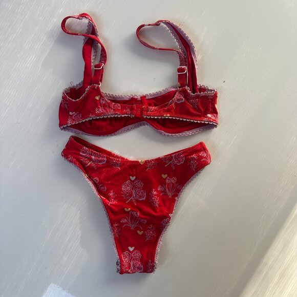 Blackbough Red Heart Rose Pattern Balconette & High Rise Bikini Set Small - Picture 4 of 5